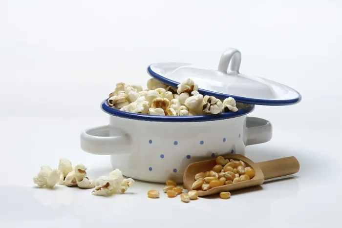 Gerahmter Druck : Popcorn (Zea mays) in Topf und Maiskörner.