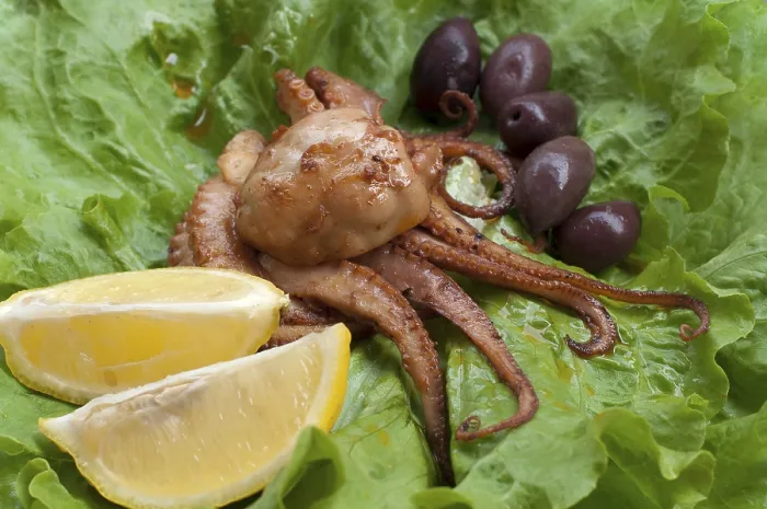 Gerahmter Druck : Portion Oktopus auf grünem Salat. Gerahmter Druck : Portion Oktopus auf grünem Salat.