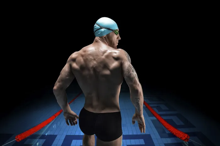 Gerahmter Druck : Bildnis eines Schwimmers auf dem Hintergrund eines Beckens.