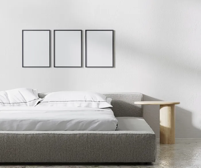 Gerahmter Druck : Minimalist-Zimmer mit Poster-Framen, weißer Wand und 3D-Rendering Gerahmter Druck : Minimalist-Zimmer mit Poster-Framen, weißer Wand und 3D-Rendering