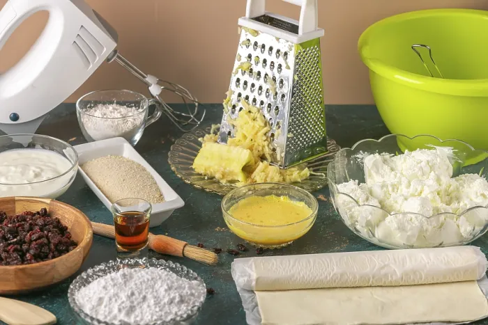 Gerahmter Druck : Vorbereitung zum Backen eines Käsekuchens. Gerahmter Druck : Vorbereitung zum Backen eines Käsekuchens.