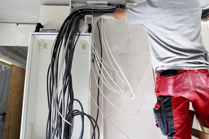 Gerahmter Druck : Professionelle Elektroinstallation in einem Gebäudeskelett. Gerahmter Druck : Professionelle Elektroinstallation in einem Gebäudeskelett.