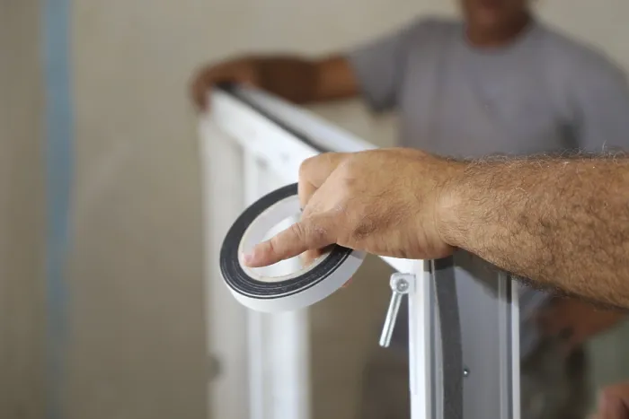 Gerahmter Druck : Fachgerechte Fensterinstallation durch einen Handwerker. Gerahmter Druck : Fachgerechte Fensterinstallation durch einen Handwerker.