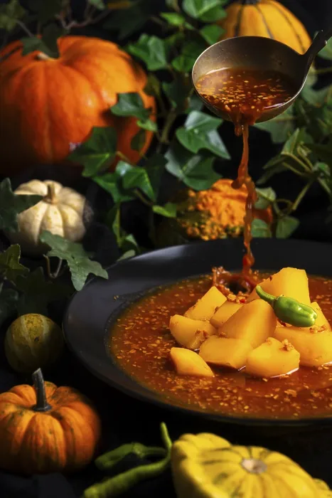 Gerahmter Druck : Kürbis, Gulasch wird in einen Teller gegossen. Gerahmter Druck : Kürbis, Gulasch wird in einen Teller gegossen.