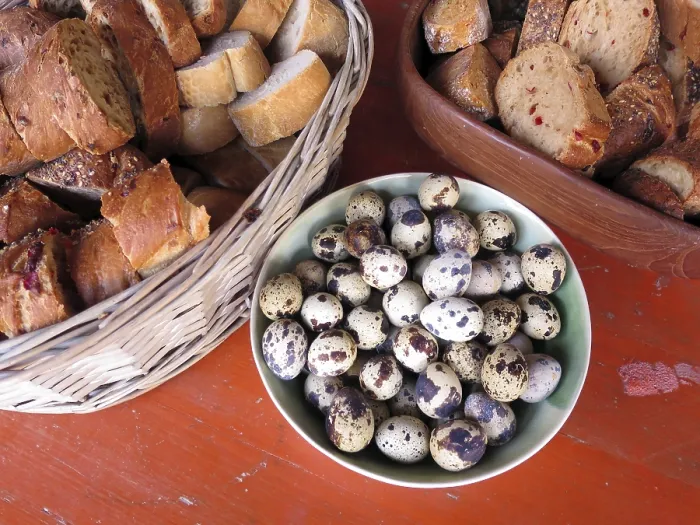 Gerahmter Druck : Hähnchen-Eier und Partybrot.