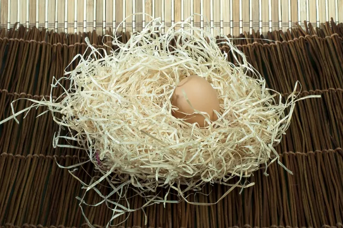 Gerahmter Druck : Drei rohe Eier in Stroh. Gerahmter Druck : Drei rohe Eier in Stroh.