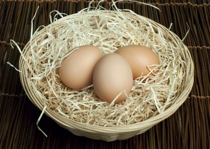 Gerahmter Druck : Drei rohe Eier in einem Weidenkorb und Stroh. Gerahmter Druck : Drei rohe Eier in einem Weidenkorb und Stroh.