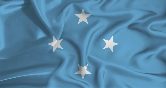 Gerahmter Druck : Realistische Flagge von Mikronesien weht. Gerahmter Druck : Realistische Flagge von Mikronesien weht.
