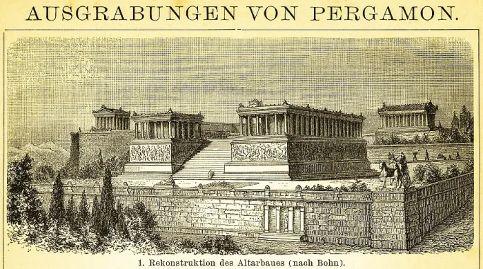 Gerahmter Druck : Rekonstruktion des Altarbaus, Tempelkomplex, Treppen, Mauern, Säulen und Gebäudegruppe in Pergamon Gerahmter Druck : Rekonstruktion des Altarbaus, Tempelkomplex, Treppen, Mauern, Säulen und Gebäudegruppe in Pergamon