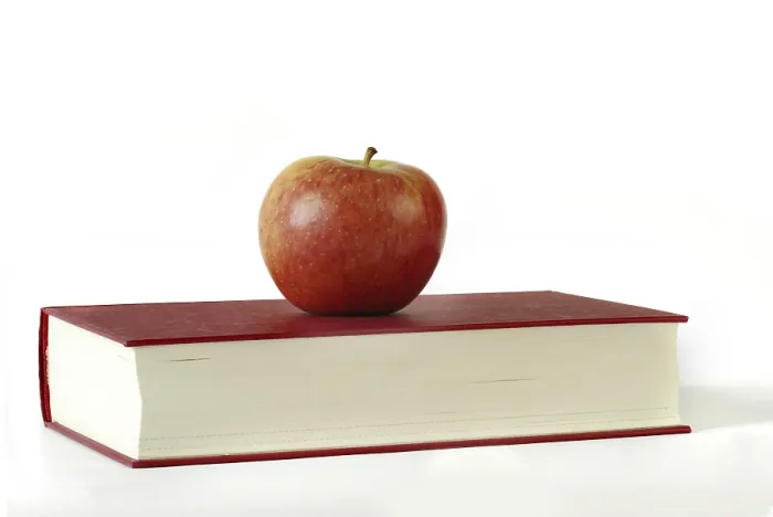 Gerahmter Druck : Eine rote Apfel auf einem roten Buch. Gerahmter Druck : Eine rote Apfel auf einem roten Buch.