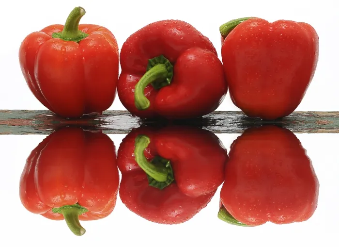 Gerahmter Druck : Drei rote Paprikas, mit Reflexion. Gerahmter Druck : Drei rote Paprikas, mit Reflexion.