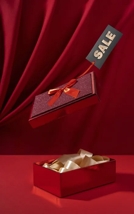Gerahmter Druck : Rote Geschenkbox mit ihrem Deckel, der über ihr schwebt. Gerahmter Druck : Rote Geschenkbox mit ihrem Deckel, der über ihr schwebt.