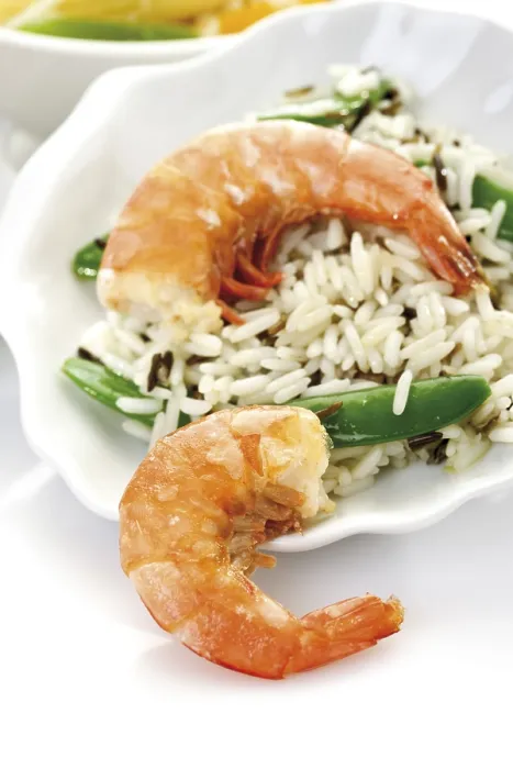 Gerahmter Druck : Reisgericht mit Scampi. Gerahmter Druck : Reisgericht mit Scampi.