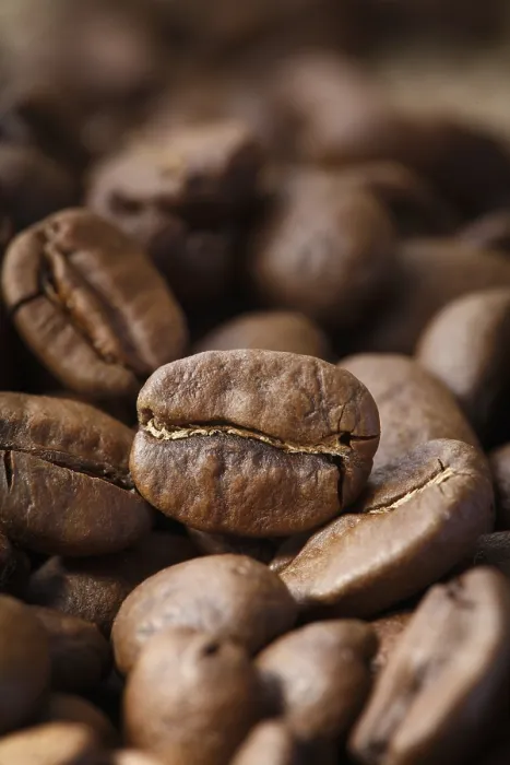 Gerahmter Druck : Geröstete Kaffeebohnen in Nahsicht. Gerahmter Druck : Geröstete Kaffeebohnen in Nahsicht.