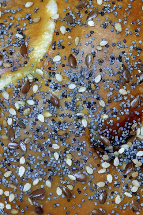 Gerahmter Druck : Detail eines Brotes mit Samen, Brezelbrot Gerahmter Druck : Detail eines Brotes mit Samen, Brezelbrot