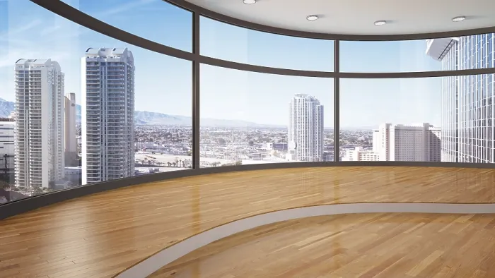Gerahmter Druck : Leeres Zimmer mit Blick auf eine Skyline. Gerahmter Druck : Leeres Zimmer mit Blick auf eine Skyline.