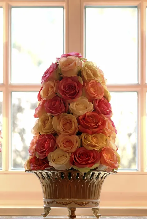 Gerahmter Druck : Rosen blühen vor einem Fenster. Gerahmter Druck : Rosen blühen vor einem Fenster.