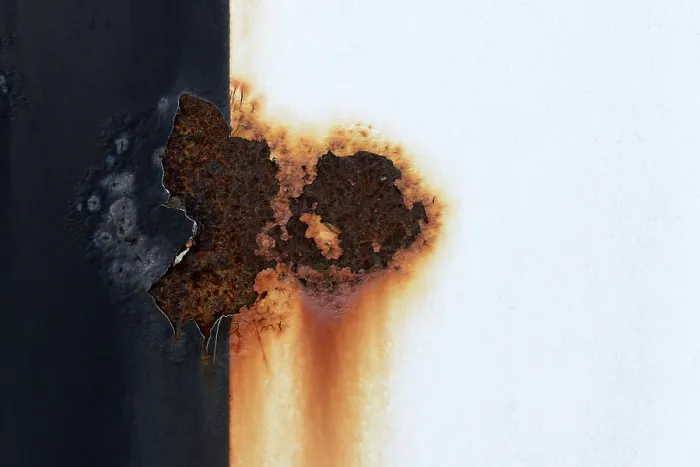 Gerahmter Druck : Rostflecken auf einer Metallplatte, Rost. Gerahmter Druck : Rostflecken auf einer Metallplatte, Rost.