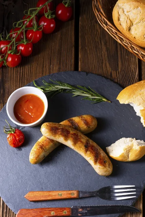 Gerahmter Druck : Rustikale Bratwurst mit Ketchup und frischen Brötchen.