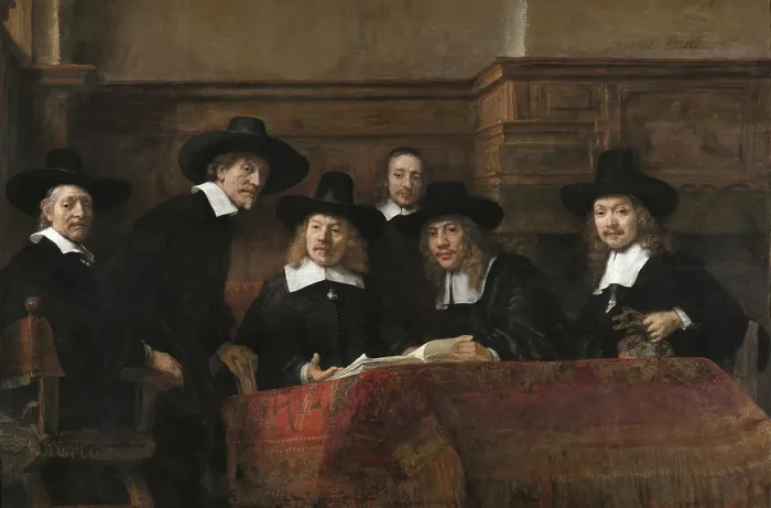 Gerahmter Druck : Die Probenbeamten der Drapier-Gilde (1662) Gerahmter Druck : Die Probenbeamten der Drapier-Gilde (1662)