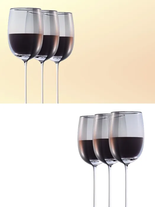Gerahmter Druck : Bildpaar: drei Weingläser mit rotem Wein auf gelb-pink und weißem isoliertem Gerahmter Druck : Bildpaar: drei Weingläser mit rotem Wein auf gelb-pink und weißem isoliertem