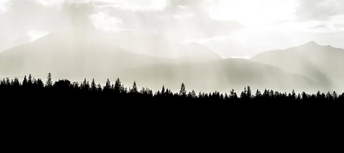 Gerahmter Druck : Silhouette der Bäume, Hintergrundberge Gerahmter Druck : Silhouette der Bäume, Hintergrundberge