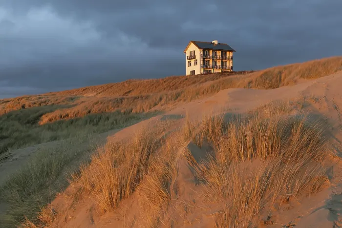 Gerahmter Druck : Einzelhaus auf der Düne im Abendlicht. Gerahmter Druck : Einzelhaus auf der Düne im Abendlicht.