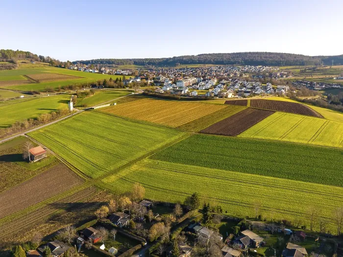 Gerahmter Druck : Kleiner Dorf mit Feldern im Abendlicht. Gerahmter Druck : Kleiner Dorf mit Feldern im Abendlicht.