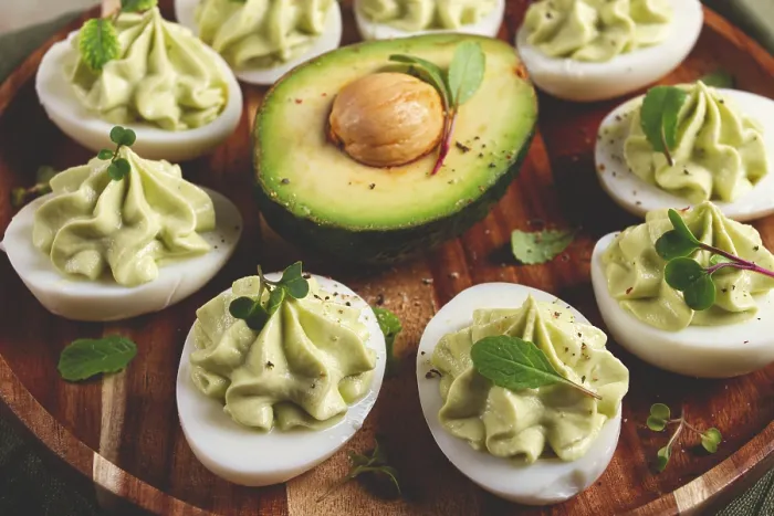 Gerahmter Druck : Snack, gefüllte Eier mit Avocado. Gerahmter Druck : Snack, gefüllte Eier mit Avocado.
