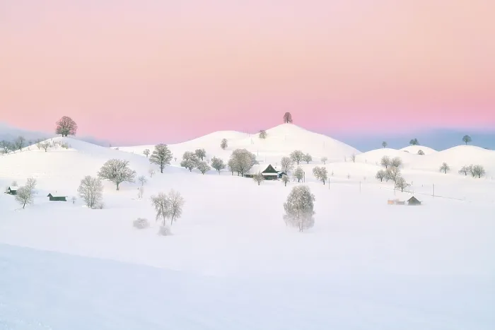 Gerahmter Druck : Schneebedecktes hügeliges Landschaft bei Tagesanbruch. Gerahmter Druck : Schneebedecktes hügeliges Landschaft bei Tagesanbruch.