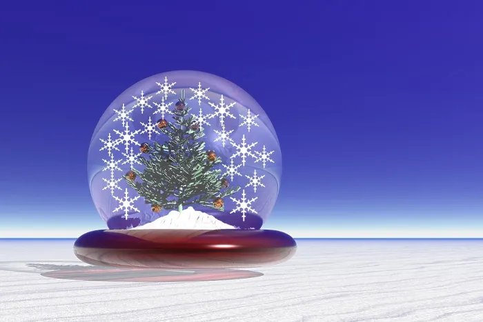 Gerahmter Druck : Winterliche Landschaft in einem Schneekugelglas, 3D-Computergrafik