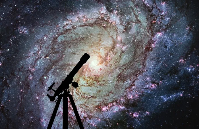 Gerahmter Druck : Hintergrund im Weltraum mit Silhouette eines Teleskops. Gerahmter Druck : Hintergrund im Weltraum mit Silhouette eines Teleskops.