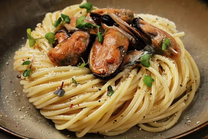 Gerahmter Druck : Spaghetti mit Muscheln, ohne Schale. Gerahmter Druck : Spaghetti mit Muscheln, ohne Schale.