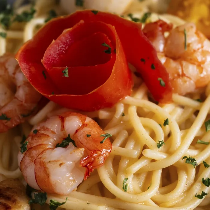 Gerahmter Druck : Spaghetti mit Scallops und Garnelen. Gerahmter Druck : Spaghetti mit Scallops und Garnelen.