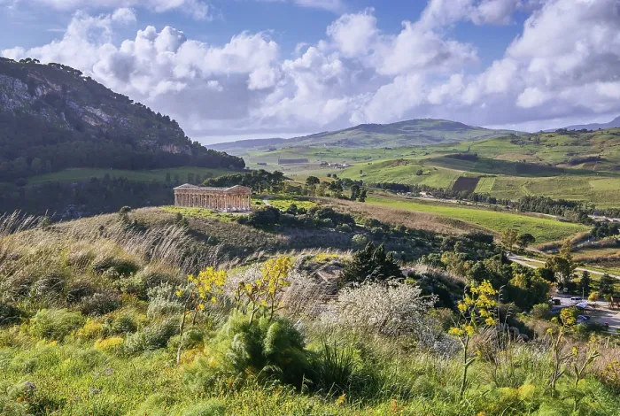 Gerahmter Druck : Frühlingslandschaft mit dem Tempel von Segesta. Gerahmter Druck : Frühlingslandschaft mit dem Tempel von Segesta.