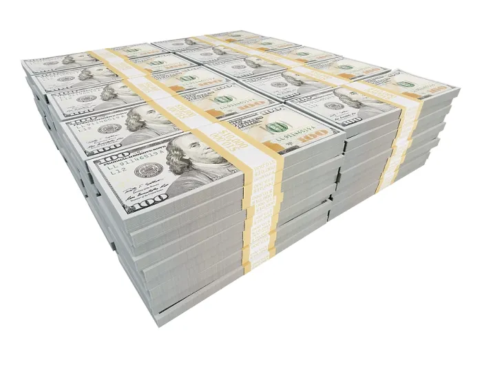 Gerahmter Druck : Eine Stapel von einer Million Dollar in 100-Dollar-Scheinen, isoliert auf weißem Hintergrund. Gerahmter Druck : Eine Stapel von einer Million Dollar in 100-Dollar-Scheinen, isoliert auf weißem Hintergrund.