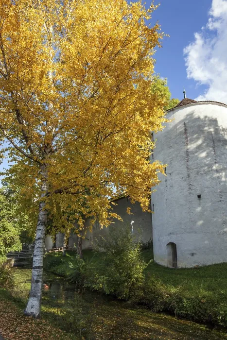 Gerahmter Druck : Lagertürmchen mit herbstfarbenem Baum. Gerahmter Druck : Lagertürmchen mit herbstfarbenem Baum.