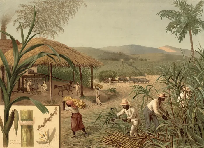 Gerahmter Druck : Zuckerrohrplantage mit Arbeitern, die Ernte und Verarbeitung durchführen. Gerahmter Druck : Zuckerrohrplantage mit Arbeitern, die Ernte und Verarbeitung durchführen.