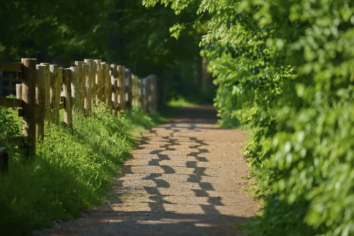 Gerahmter Druck : Die Sonne scheint auf einen schattigen Waldweg. Gerahmter Druck : Die Sonne scheint auf einen schattigen Waldweg.