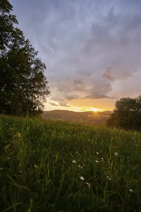 Gerahmter Druck : Sonnenuntergang über einem Acker, Bayerischer Wald. Gerahmter Druck : Sonnenuntergang über einem Acker, Bayerischer Wald.