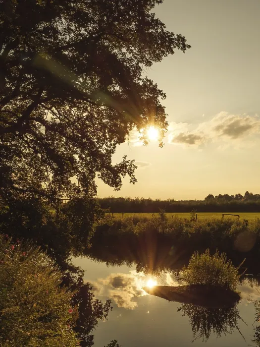 Gerahmter Druck : Sonnenuntergang über einem Fluss, helle gelbe Licht. Gerahmter Druck : Sonnenuntergang über einem Fluss, helle gelbe Licht.