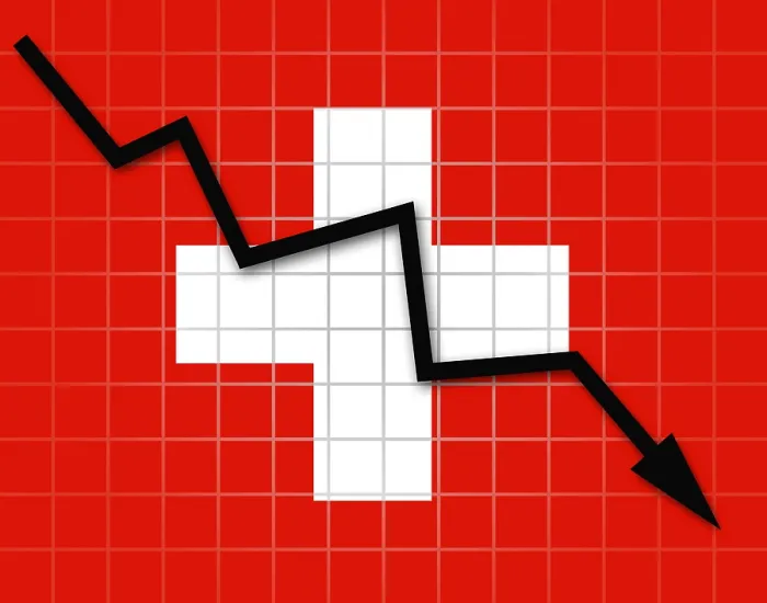 Gerahmter Druck : Das Schweizer Flaggen und Pfeil-Graph geht nach unten. Gerahmter Druck : Das Schweizer Flaggen und Pfeil-Graph geht nach unten.