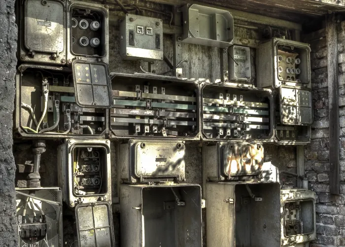 Gerahmter Druck : Schaltkästen an der Wand eines alten Fabriks. Gerahmter Druck : Schaltkästen an der Wand eines alten Fabriks.