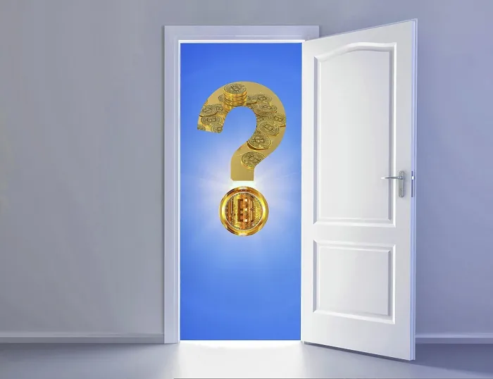 Gerahmter Druck : Symbolisches Bild, Bitcoin mit Fragezeichen. Gerahmter Druck : Symbolisches Bild, Bitcoin mit Fragezeichen.