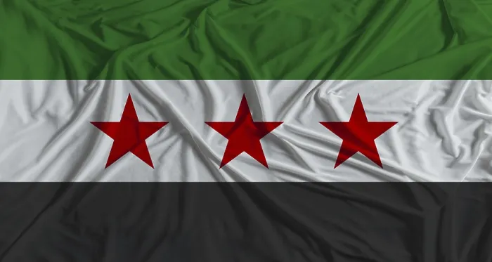 Gerahmter Druck : Syrische Flagge mit Stofftextur-Hintergrund. Gerahmter Druck : Syrische Flagge mit Stofftextur-Hintergrund.