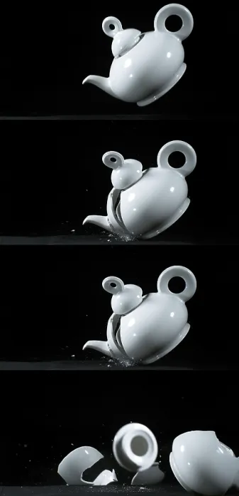 Gerahmter Druck : Tea-Pot fällt und explodiert auf schwarzem Hintergrund. Gerahmter Druck : Tea-Pot fällt und explodiert auf schwarzem Hintergrund.