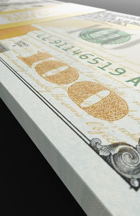Gerahmter Druck : Zehntausend-Dollar-Stack aus hundert-Dollar-Scheinen, close-up abstakt.