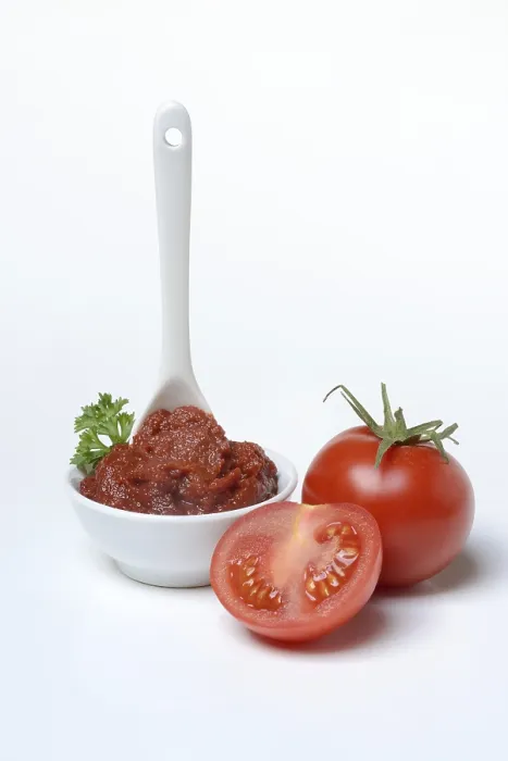 Gerahmter Druck : Tomatenpüree mit Löffel in Schüssel. Gerahmter Druck : Tomatenpüree mit Löffel in Schüssel.