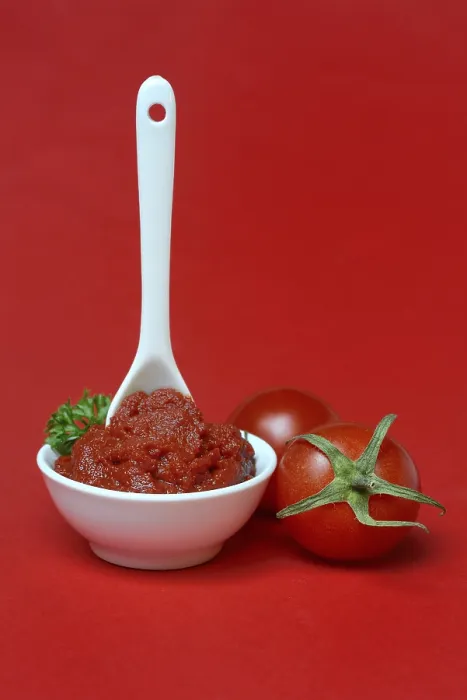 Gerahmter Druck : Tomatenmark mit Löffel in Schüssel Gerahmter Druck : Tomatenmark mit Löffel in Schüssel
