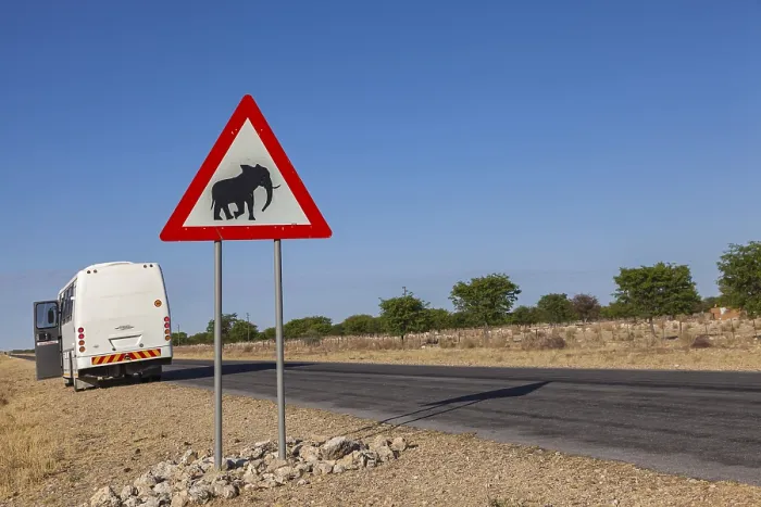 Gerahmter Druck : Verkehrsschild mit Warnung vor Elefanten, Namibia. Gerahmter Druck : Verkehrsschild mit Warnung vor Elefanten, Namibia.